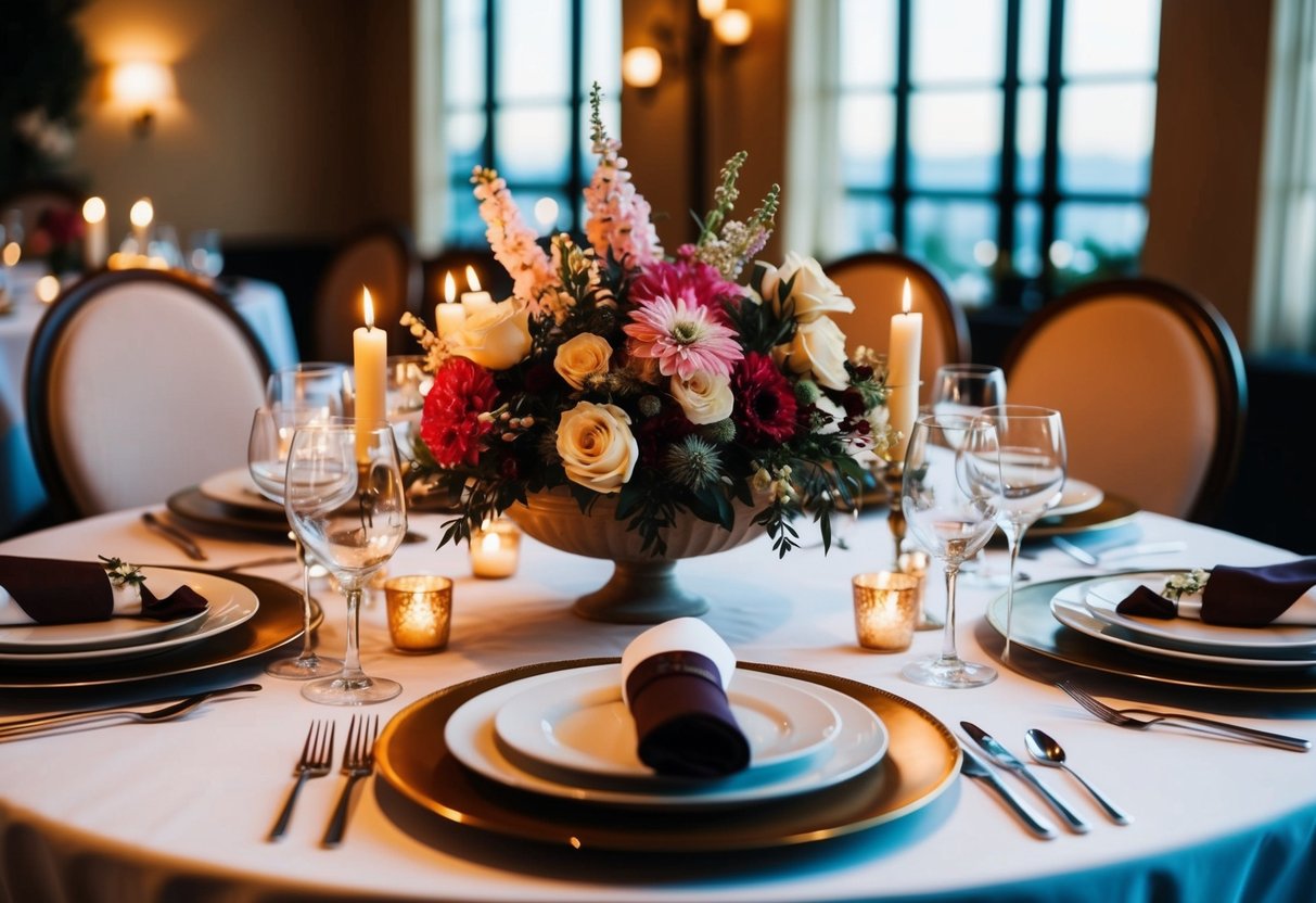 A dining table with a floral centerpiece surrounded by place settings and lit candles