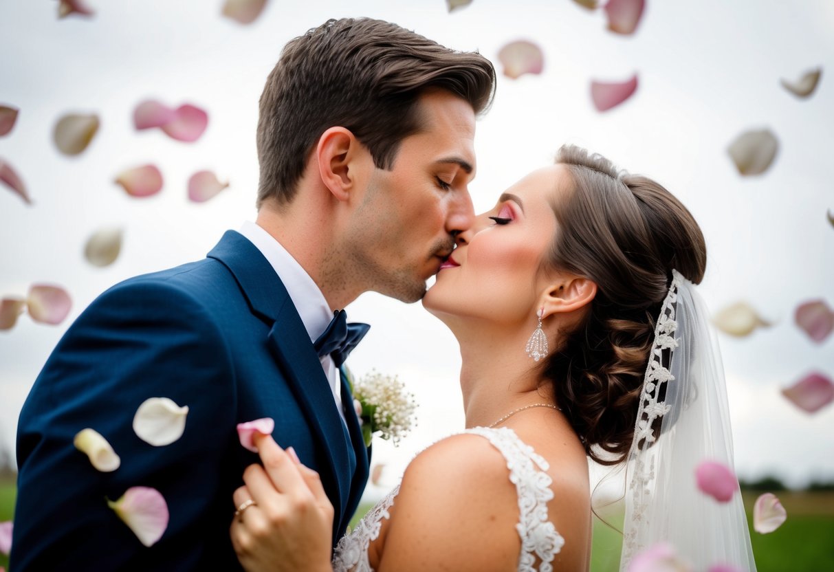 The groom tenderly kisses the bride on the lips, surrounded by a shower of rose petals
