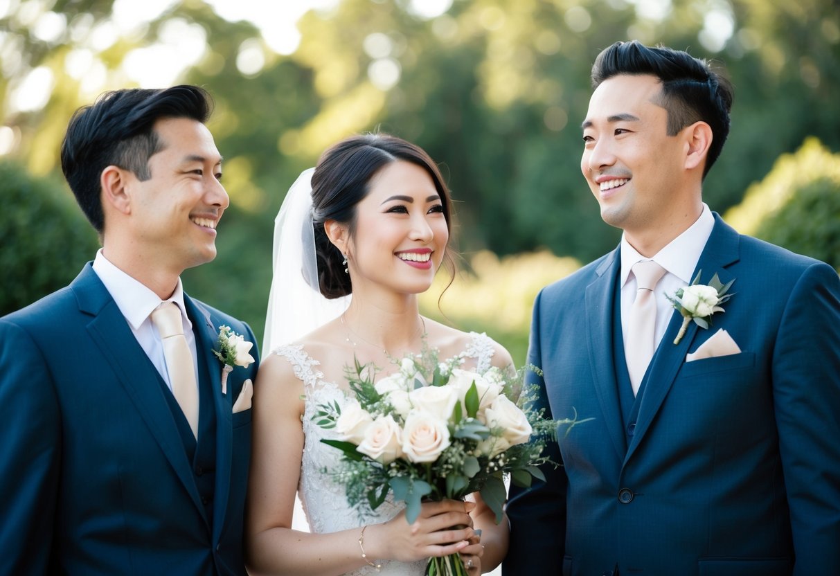A bride and groom standing side by side, with the bride holding a bouquet of flowers and the groom wearing a suit, both looking happy and content