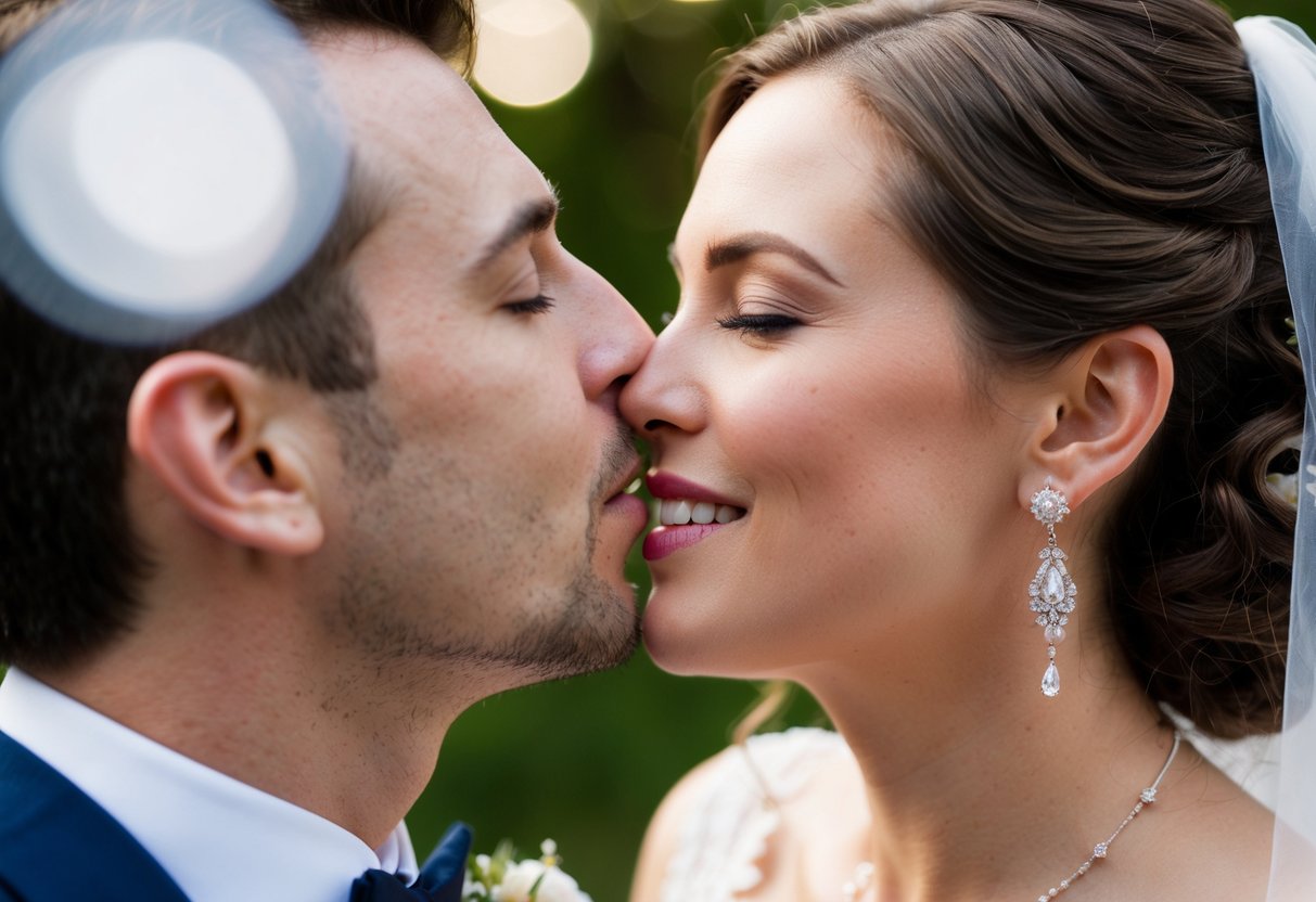 A groom's lips meet the bride's cheek, conveying love and affection