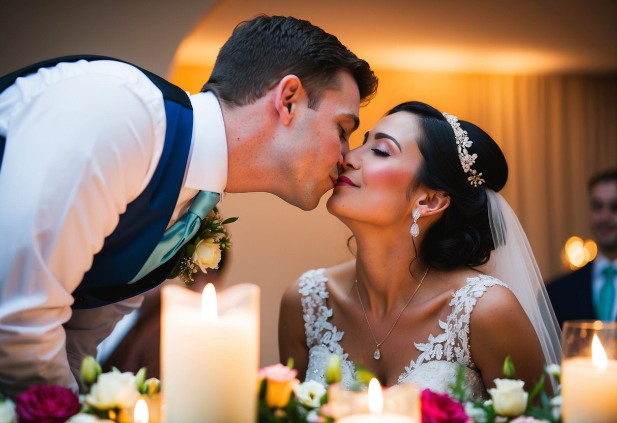 The groom leans in to kiss the bride, surrounded by flowers and candles