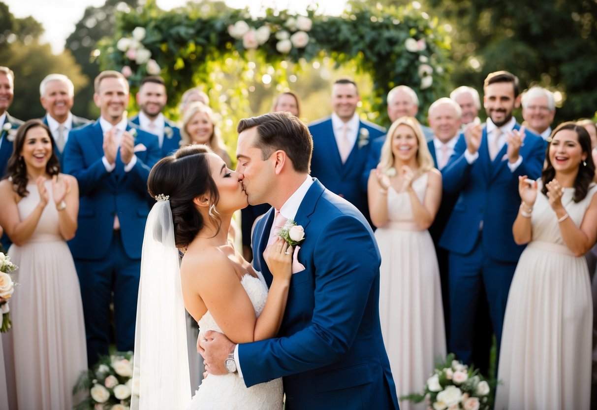 A groom leans in to kiss the bride, surrounded by cheering guests and a beautiful wedding setting