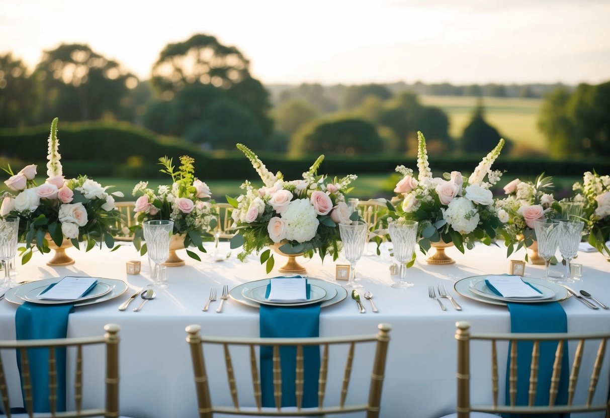 A beautifully set top table at a wedding with elegant place settings, floral centerpieces, and a seating arrangement for the bridal party