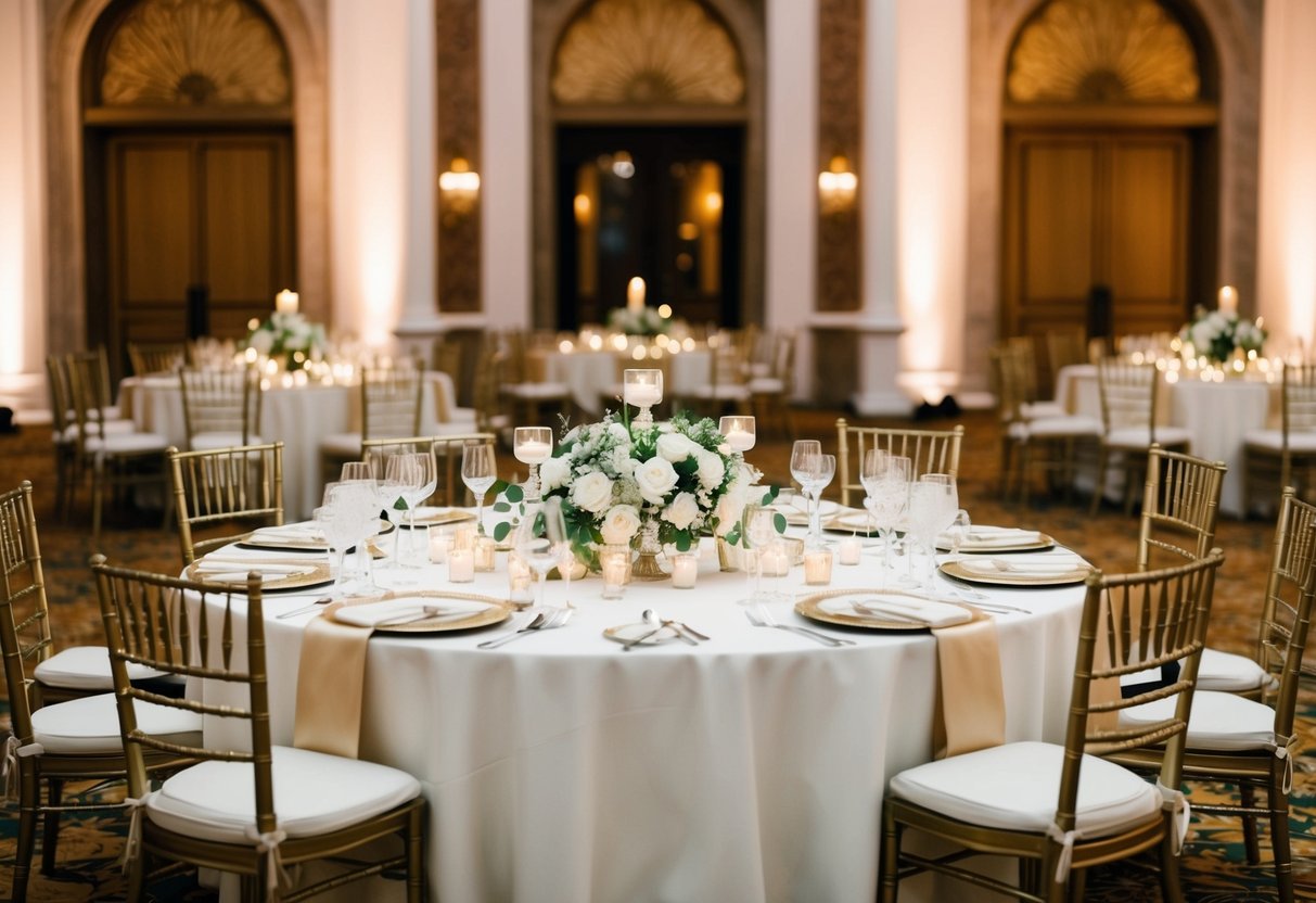 A grand banquet table with ornate chairs, positioned at the center of a lavish wedding reception