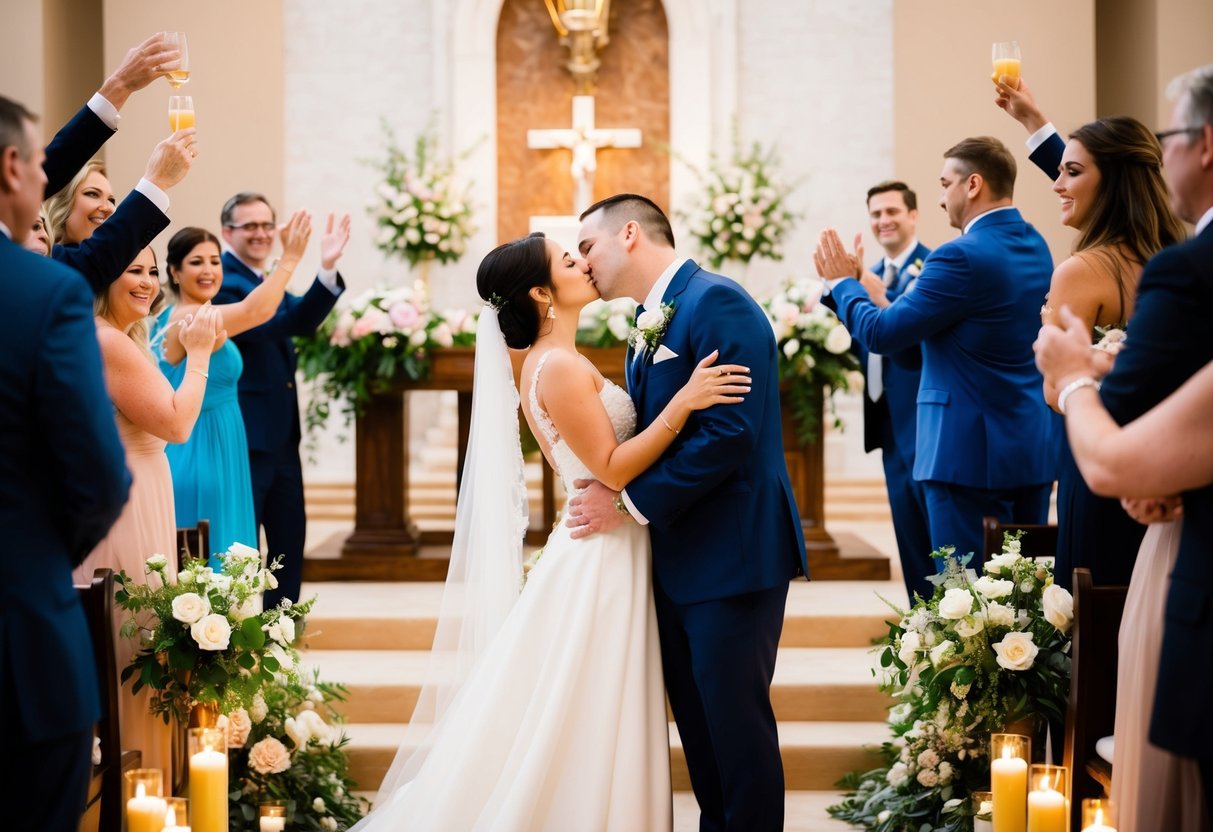 A couple stands in front of an altar, surrounded by flowers and candles. They lean in and kiss as the crowd cheers