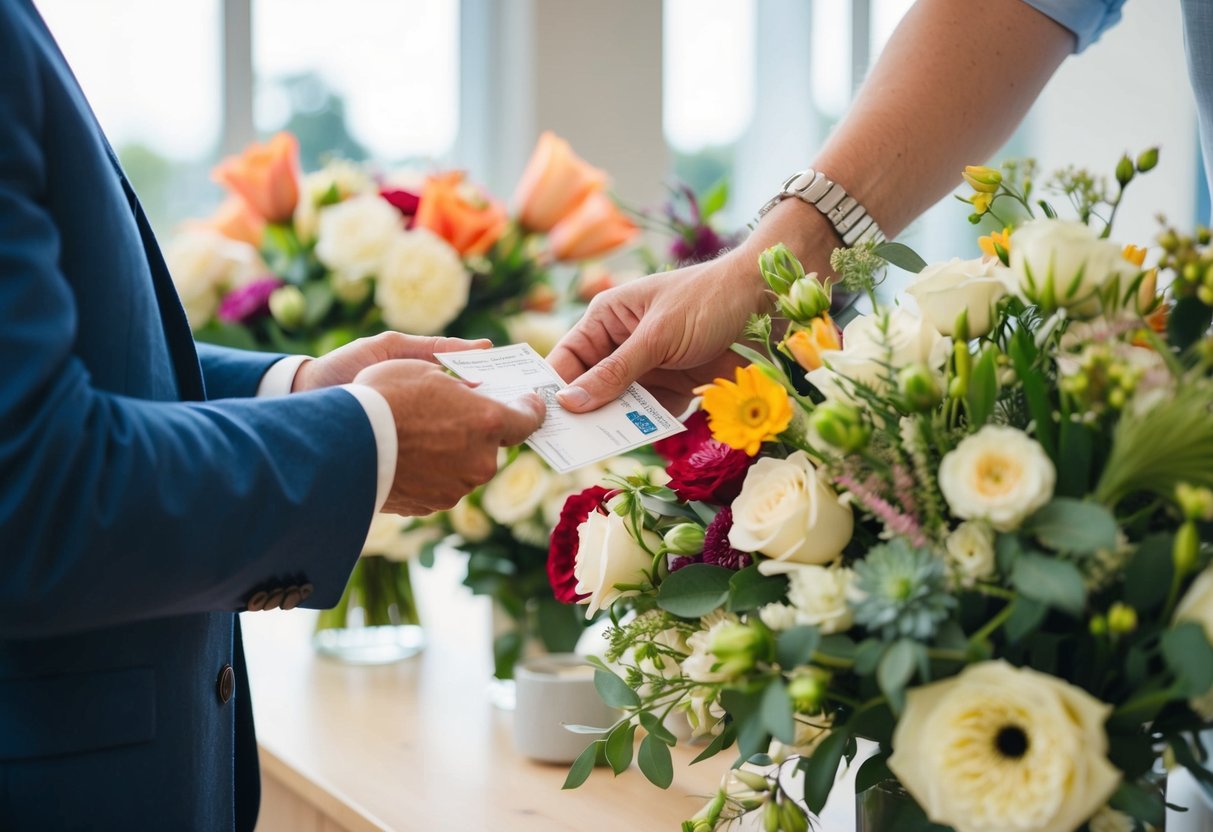 A family member hands over payment to a florist for an arrangement of wedding flowers