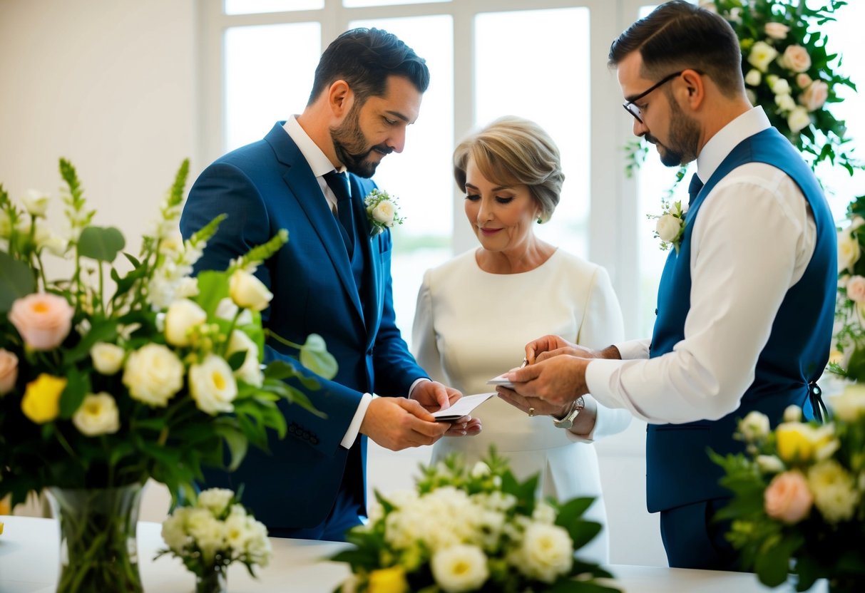 A groom's family pays for wedding flowers. A scene of a family member discussing floral arrangements with a florist