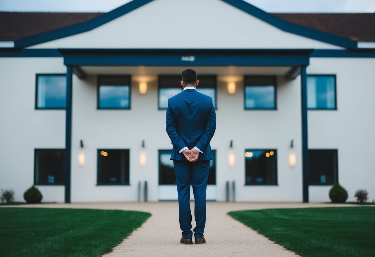 A lone figure standing outside a wedding venue, looking uncertain and hesitant. The figure is facing away from the building, with a sense of internal conflict evident in their posture
