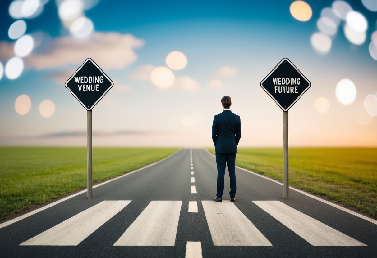A person standing at a crossroads, with one path leading to a wedding venue and the other leading to an uncertain future