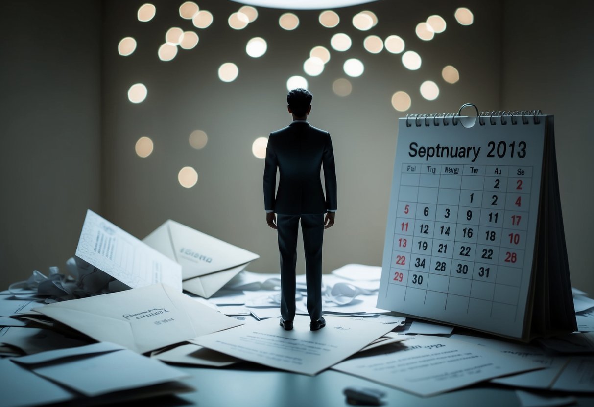 A figure standing alone in a dimly lit room, surrounded by discarded wedding invitations and a calendar with the wedding date circled