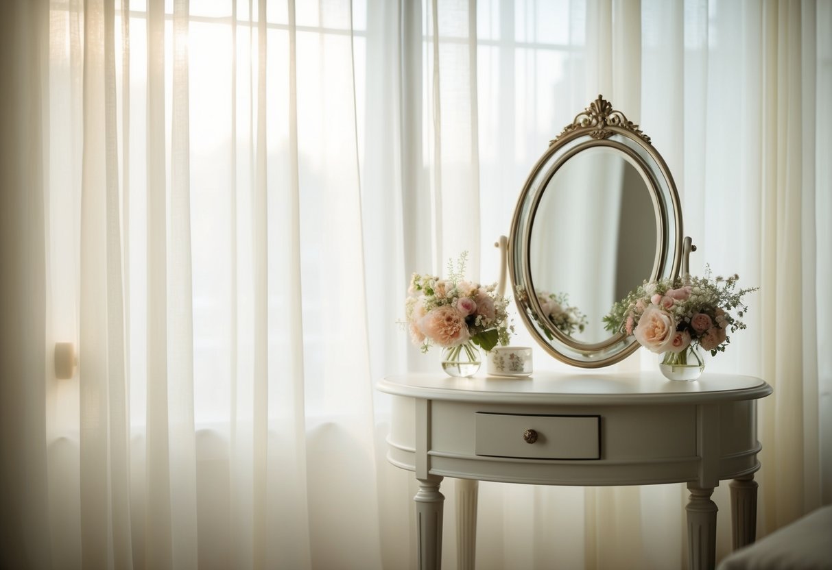 Soft light filters through a sheer curtain, casting a gentle glow on a table adorned with delicate flowers and a gleaming mirror