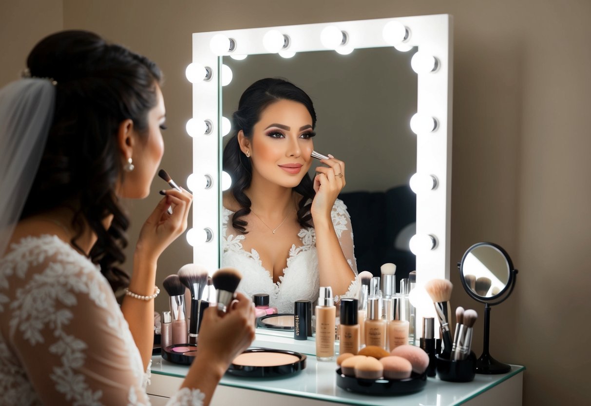 A bride sits at a vanity, surrounded by makeup products and brushes. She gazes into a large mirror, carefully applying foundation and highlighting her features