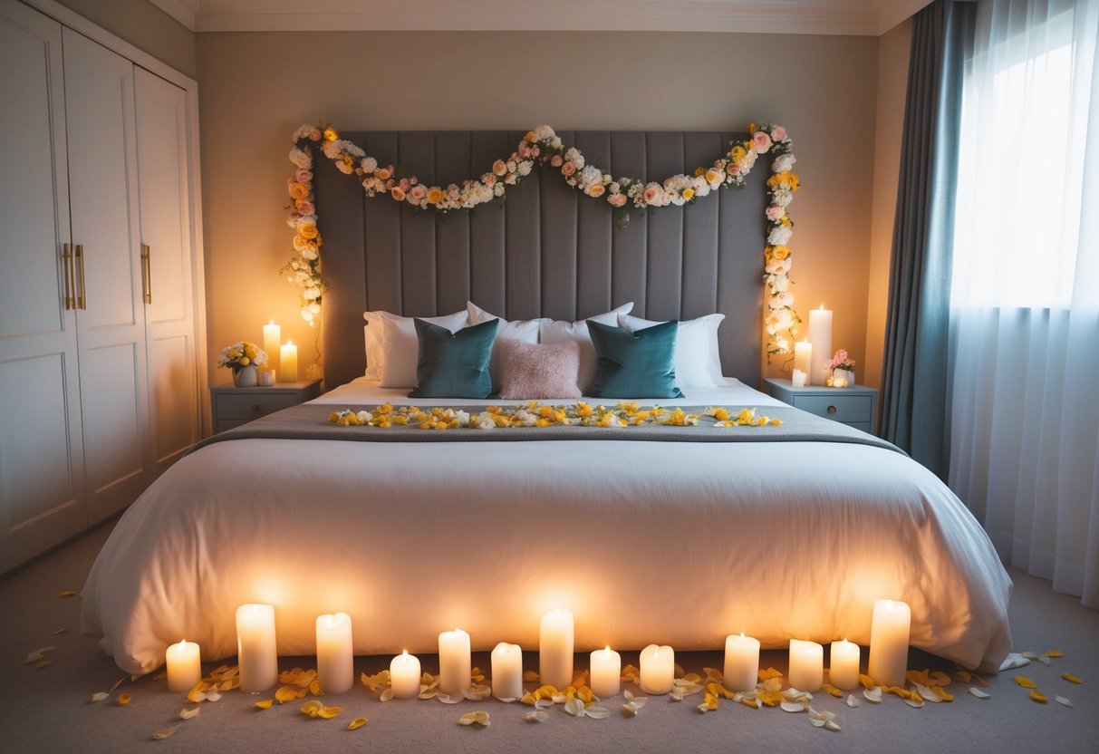 A cozy bedroom with a large, beautifully made bed in the center, adorned with flower petals and soft candlelight