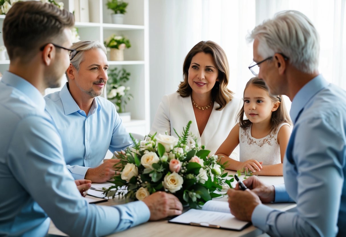 A family meeting with wedding planner, discussing floral arrangements and costs