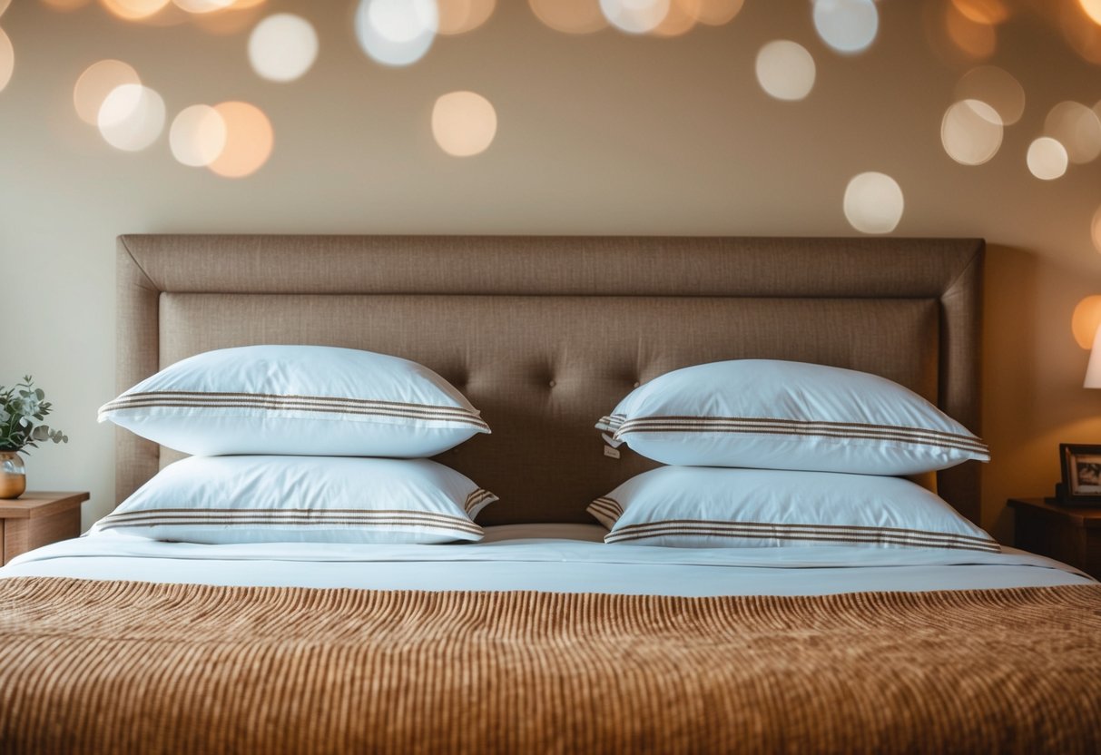 A cozy bed with two sets of pillows and a warm, inviting atmosphere