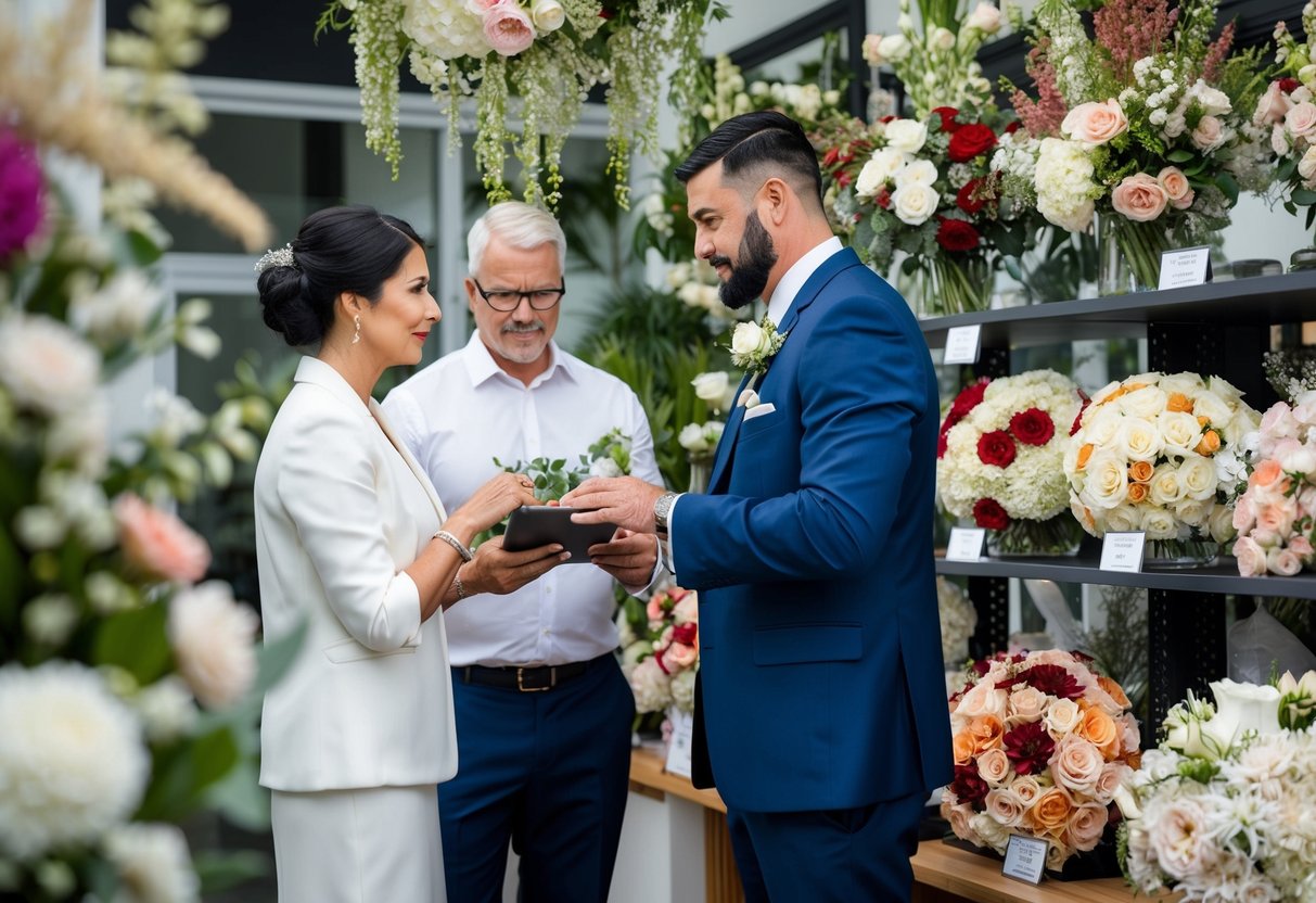 A groom's family pays for wedding flowers, with special floral considerations and extras. A scene could depict a family member discussing floral arrangements with a florist, or a display of various floral options and accessories for the wedding