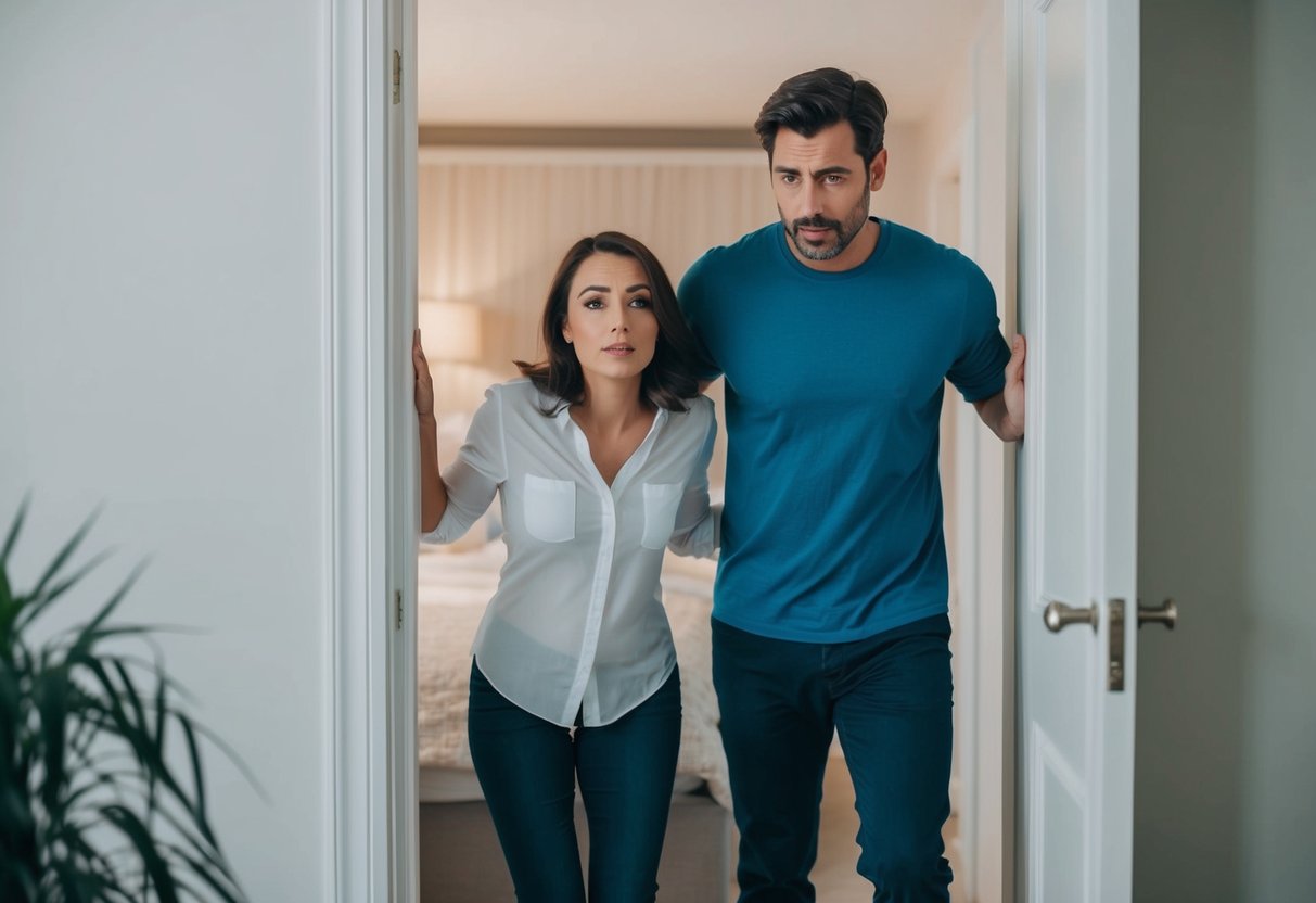 A couple stands at the threshold of their bedroom, one looking eager, the other hesitant. Their body language reflects the tension of unspoken expectations