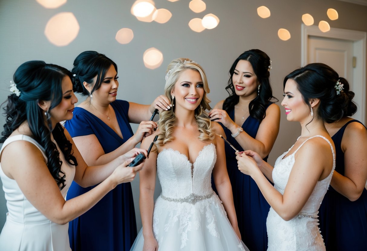 A group of women surround the bride, assisting with her hair, makeup, and dress, as she prepares for her wedding day