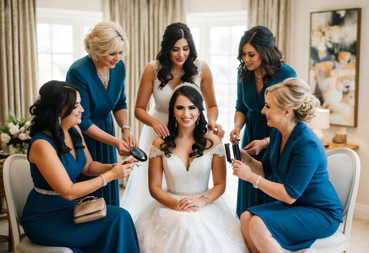 A bride sits surrounded by family and friends, as they help her with hair, makeup, and dressing for the wedding