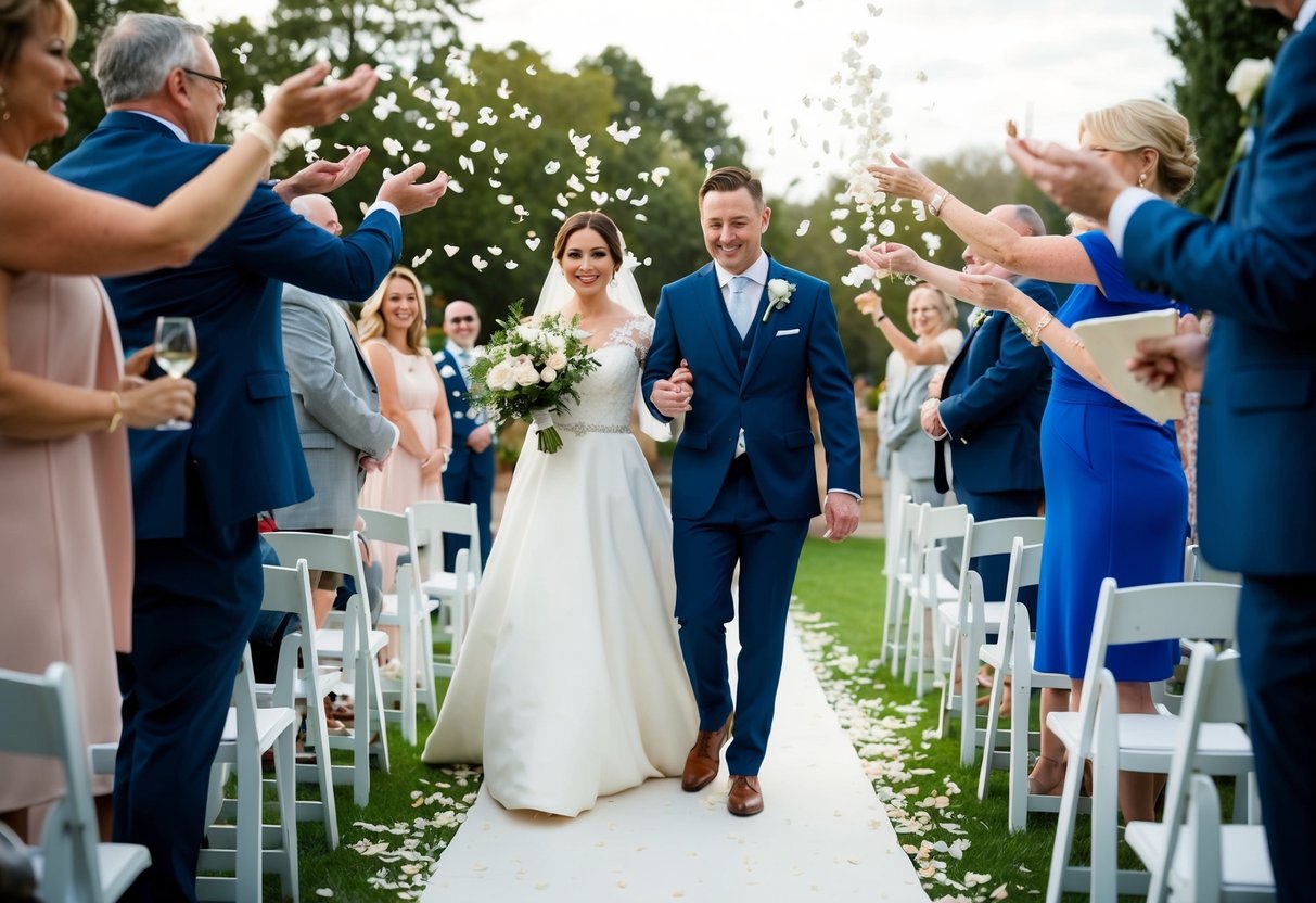 Guests toss petals at the newlyweds as they walk down the aisle