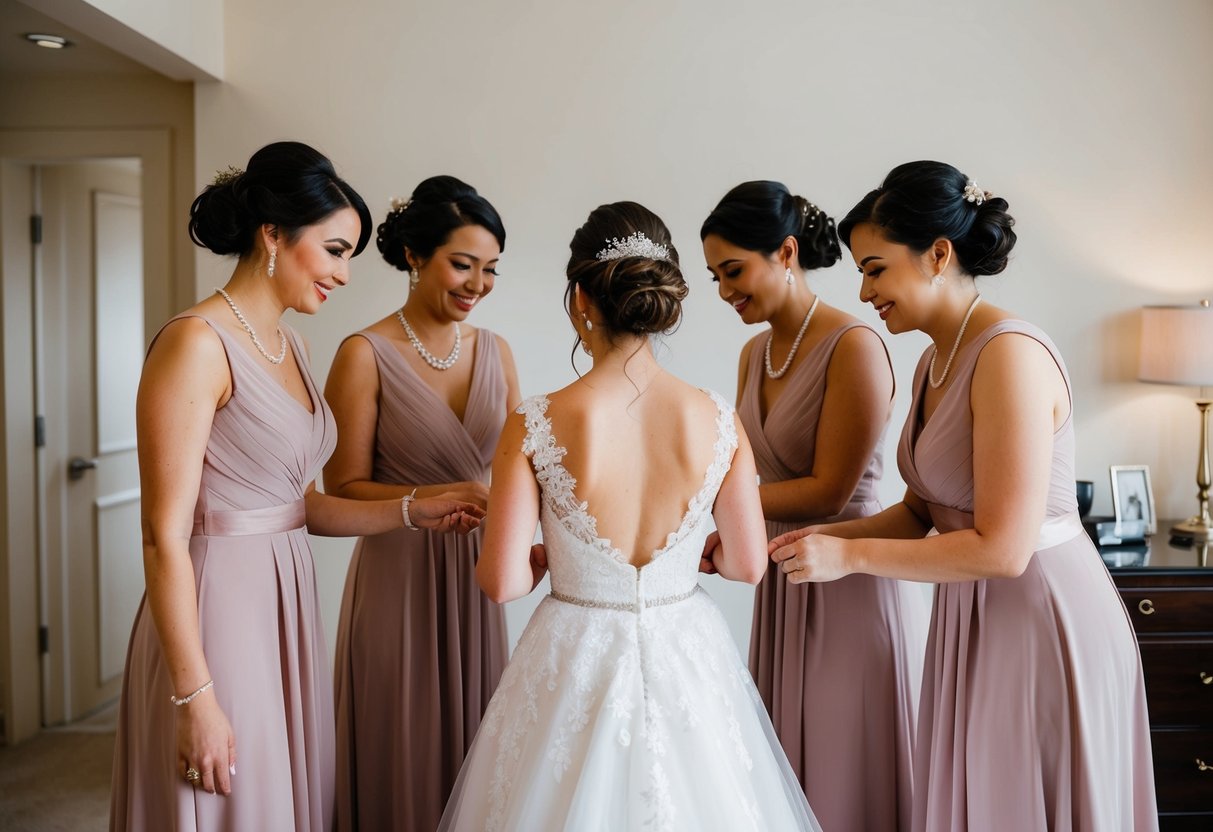A group of attendants assist the bride in dressing and preparing for the wedding ceremony