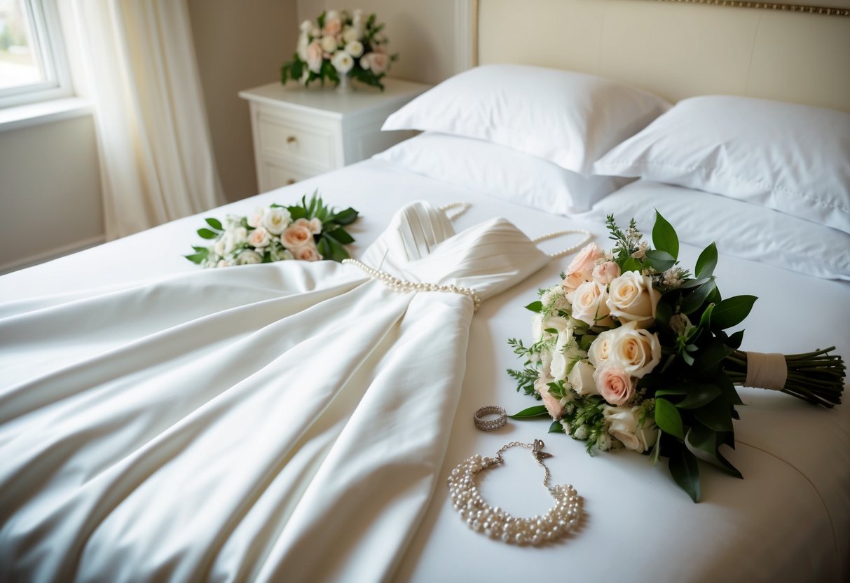 A wedding dress laid out on a pristine bed, surrounded by delicate jewelry and a bouquet of flowers, all bathed in soft, natural light