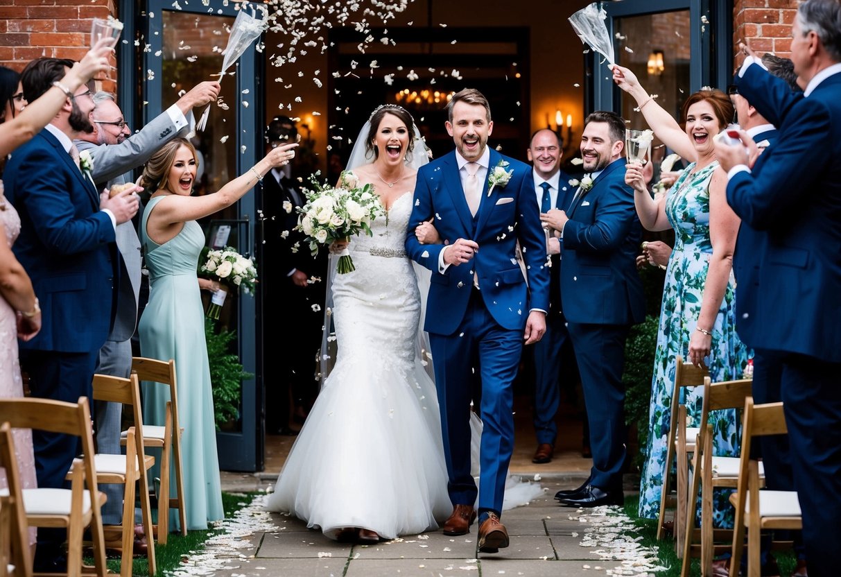 Guests cheer as the newlyweds exit the ceremony. Petals and confetti fill the air as they make their way to the reception hall