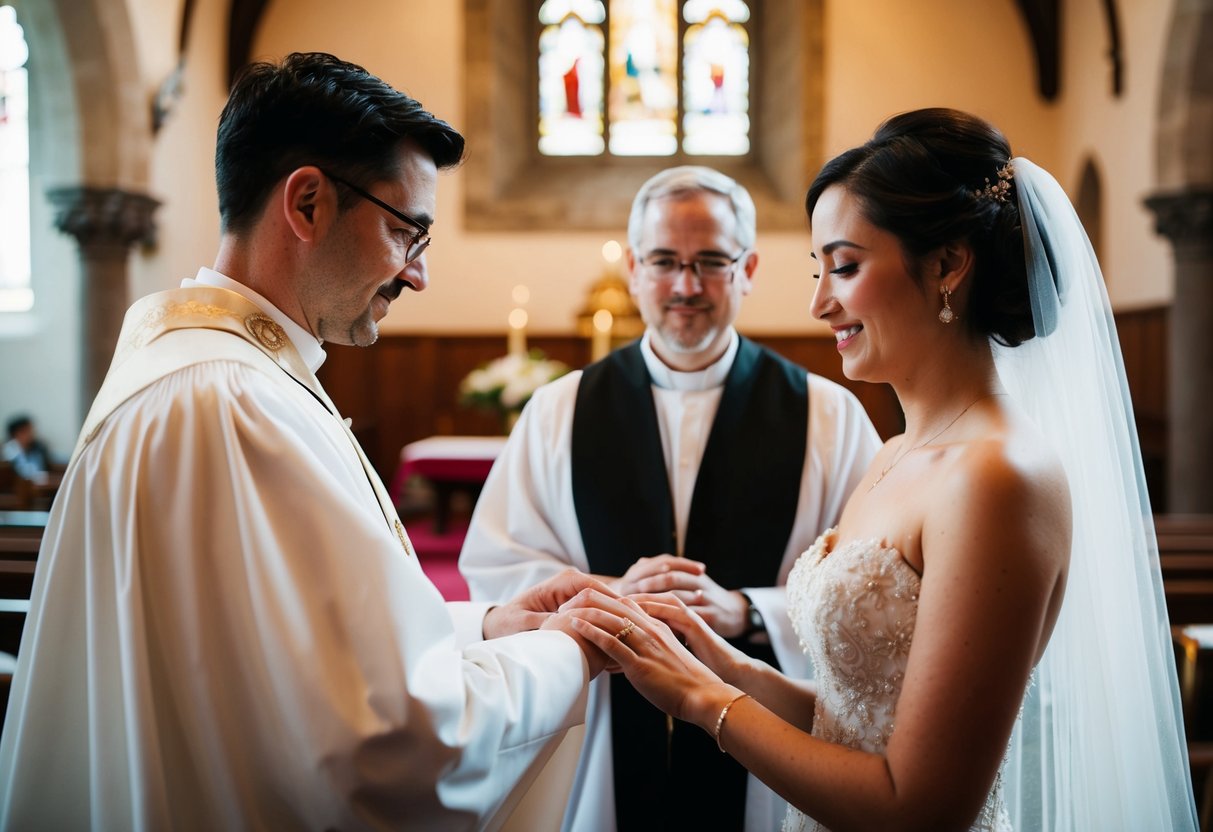 A groom placing a gold wedding ring on the bride's finger as they stand before a priest in a traditional church setting