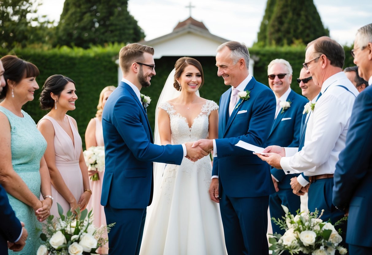 A bride and groom standing at the altar, surrounded by family and friends. The groom's parents handing over a check to the wedding planner