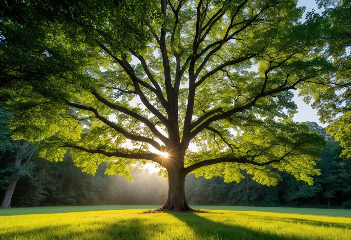 A majestic tree stands tall in a lush forest clearing, bathed in soft sunlight filtering through the leaves