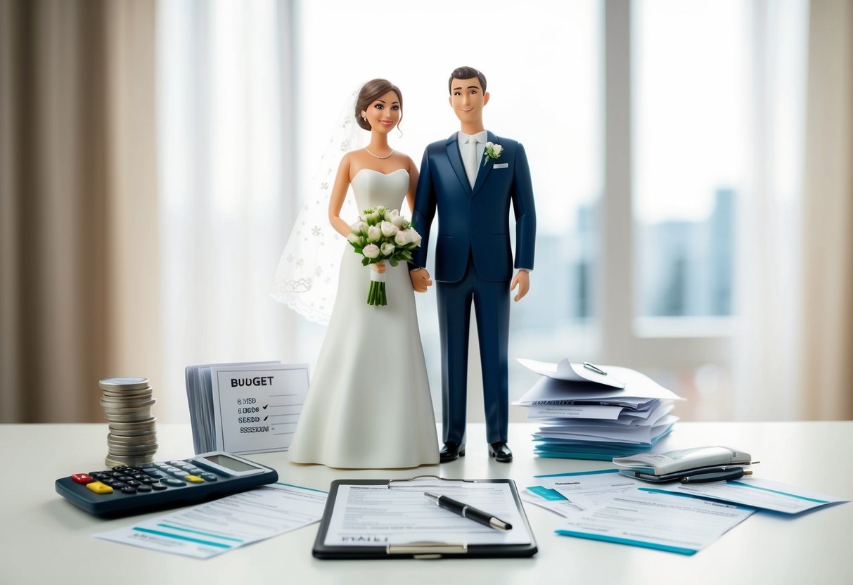 A bride and groom standing in front of a table with various wedding expenses laid out, including a budget planner, invoices, and payment receipts