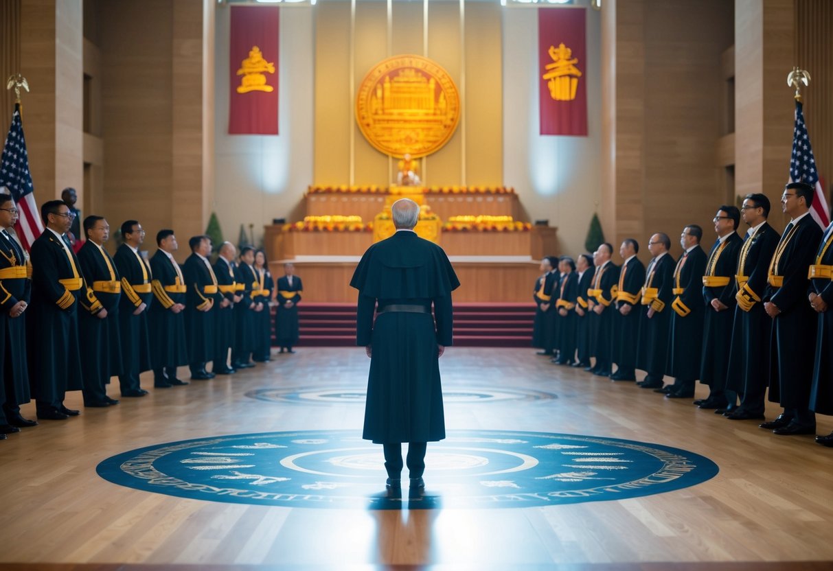A figure standing at the center of a grand hall, surrounded by symbols of tradition and change