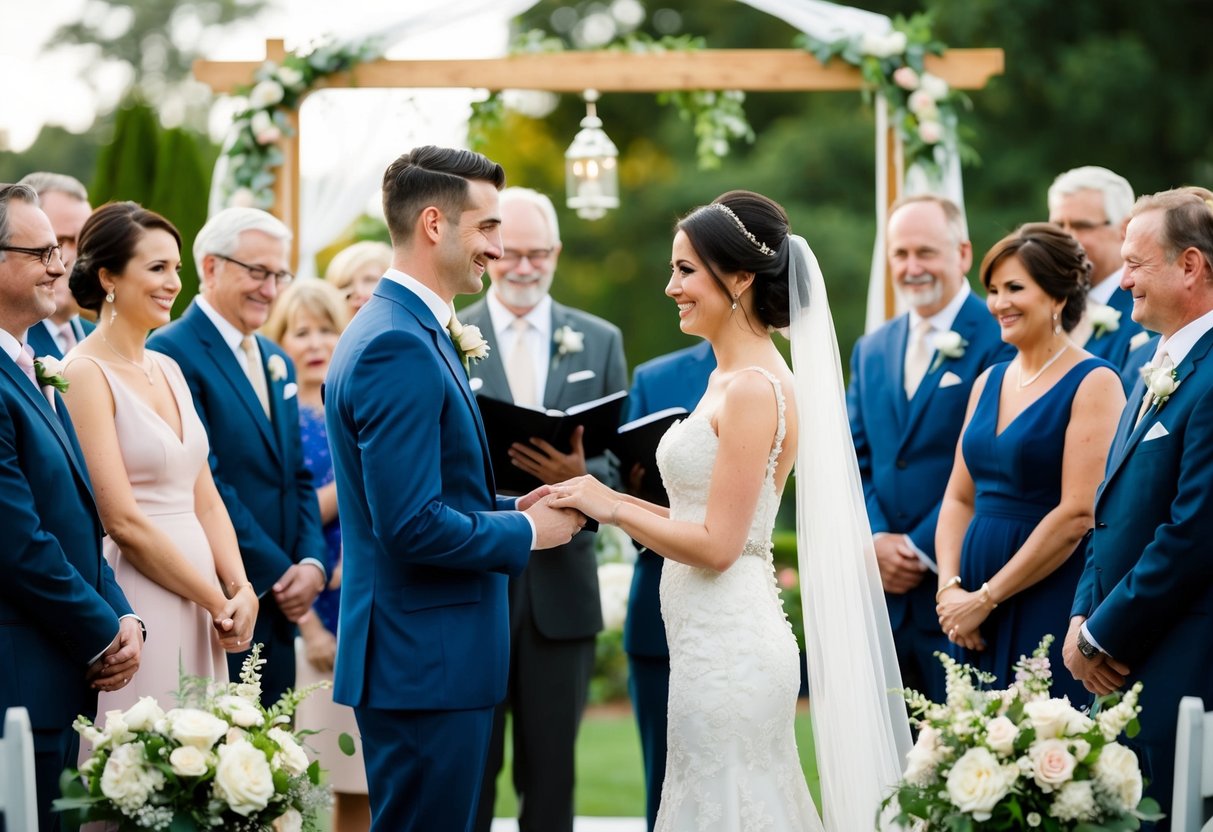 A bride and groom standing at the altar, surrounded by friends and family, exchanging vows and rings