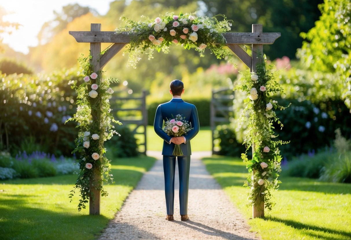 A figure stands in a sunlit garden, holding a bouquet of flowers and facing a path leading to a rustic wooden archway adorned with greenery and flowers