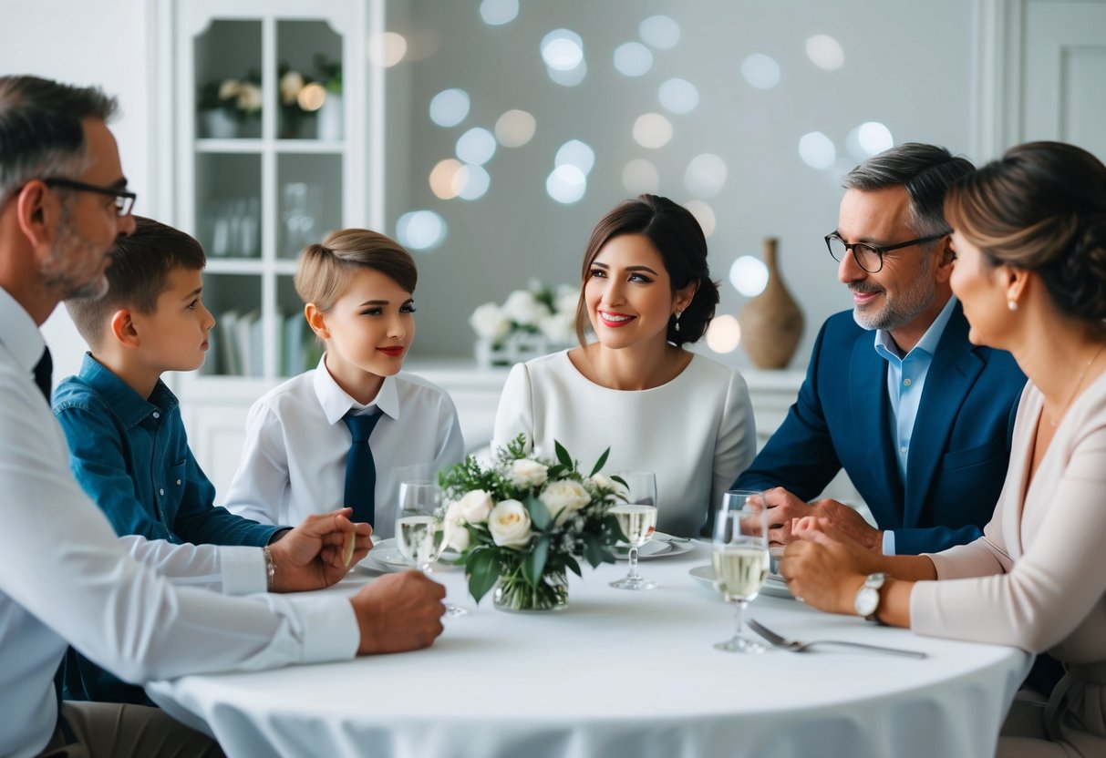 A family sitting around a table discussing wedding expenses and traditions