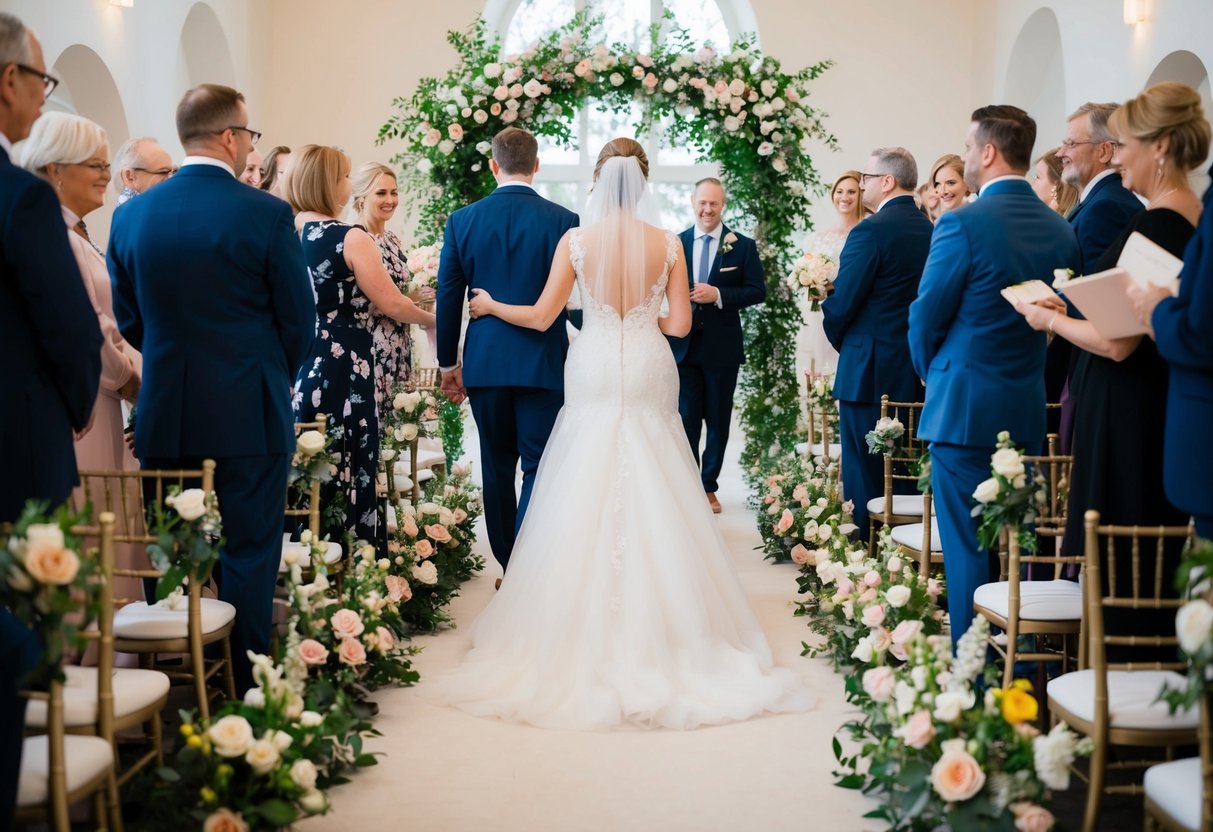 A bride walking down the aisle toward her partner, surrounded by family and friends in a beautiful, flower-filled ceremony space
