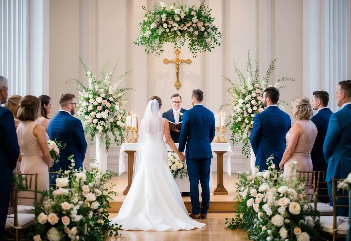 A bride and groom stand at the altar, surrounded by floral arrangements and elegant decor, adhering to the 60 20 20 rule for wedding design