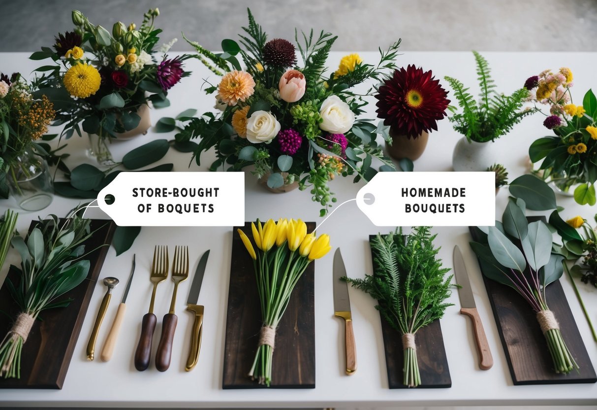 A table set with various flowers, foliage, and tools for arranging, with a price tag comparison between store-bought and homemade bouquets