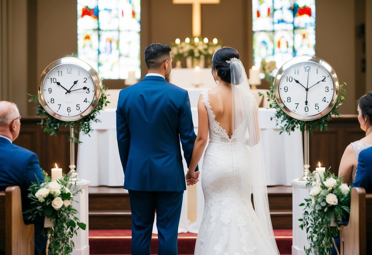A bride and groom standing at the altar with a clock showing 60%, 20%, and 20% to represent the 60 20 20 rule for a wedding day timeline
