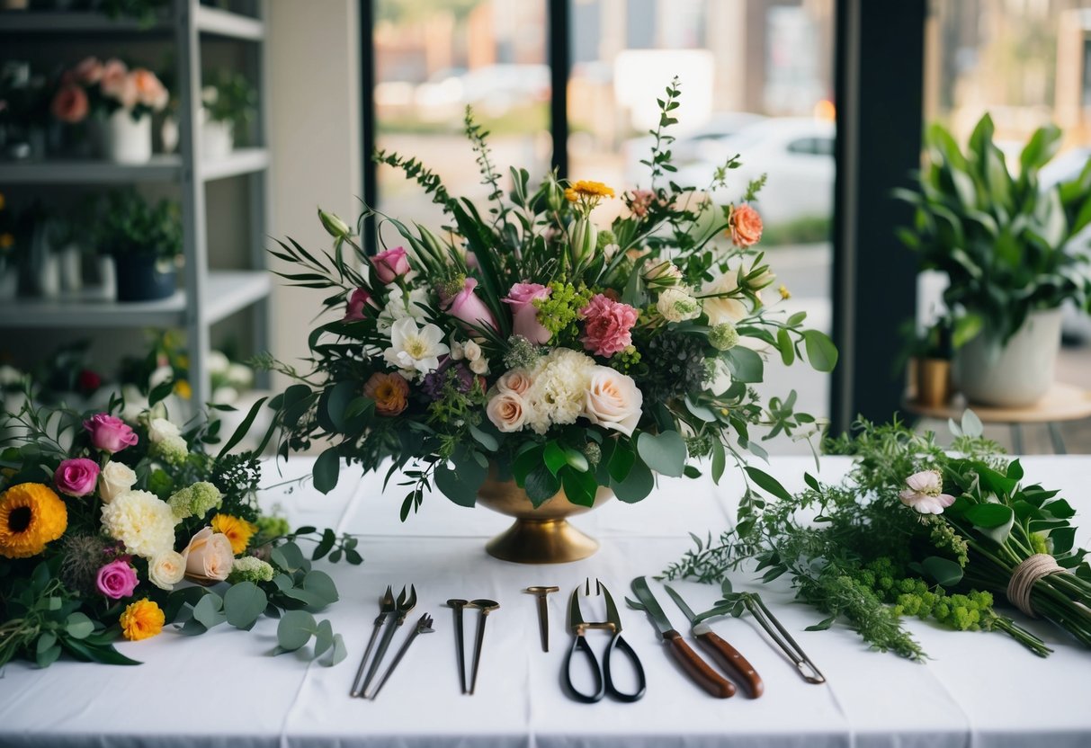 A table with various flowers, greenery, and floral tools arranged for creating a bouquet