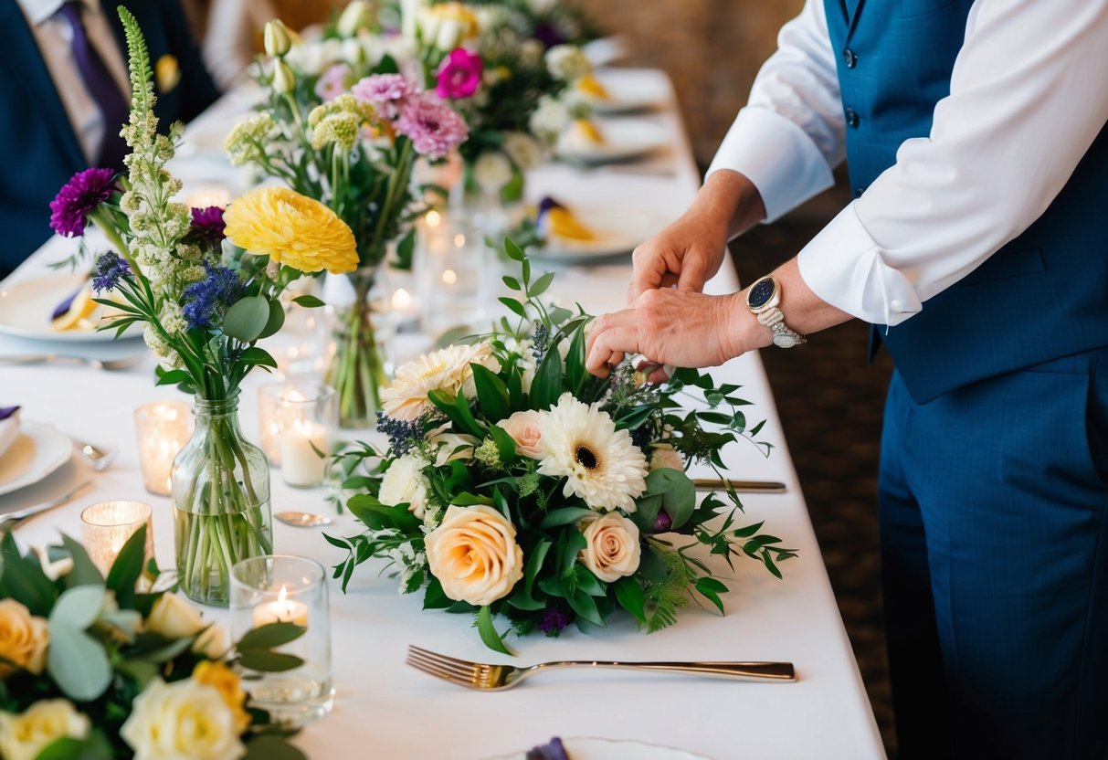 A table set with various flowers and wedding decor, with someone arranging a bouquet to match the theme