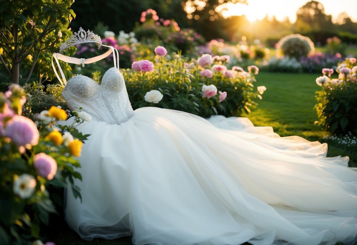 A garden filled with blooming flowers, a sparkling tiara, and a flowing bridal gown under the soft glow of the setting sun