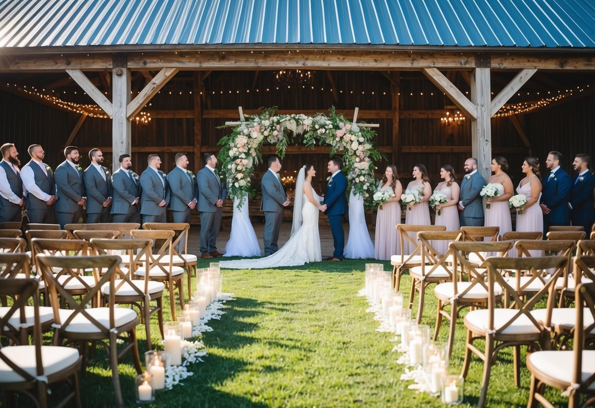 A sunlit outdoor wedding ceremony with a floral arch and rows of chairs, followed by a reception under twinkling lights in a rustic barn