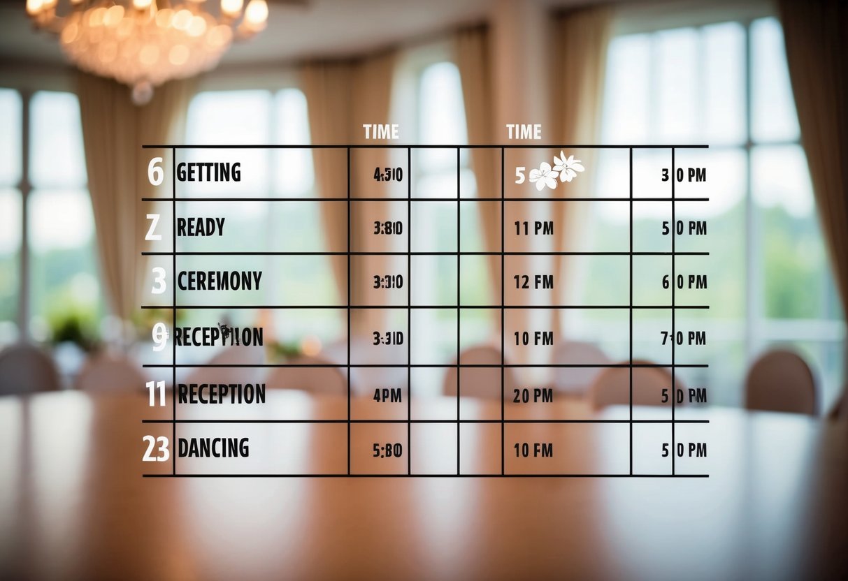 A timeline with various time slots for different wedding day activities, such as getting ready, ceremony, reception, and dancing