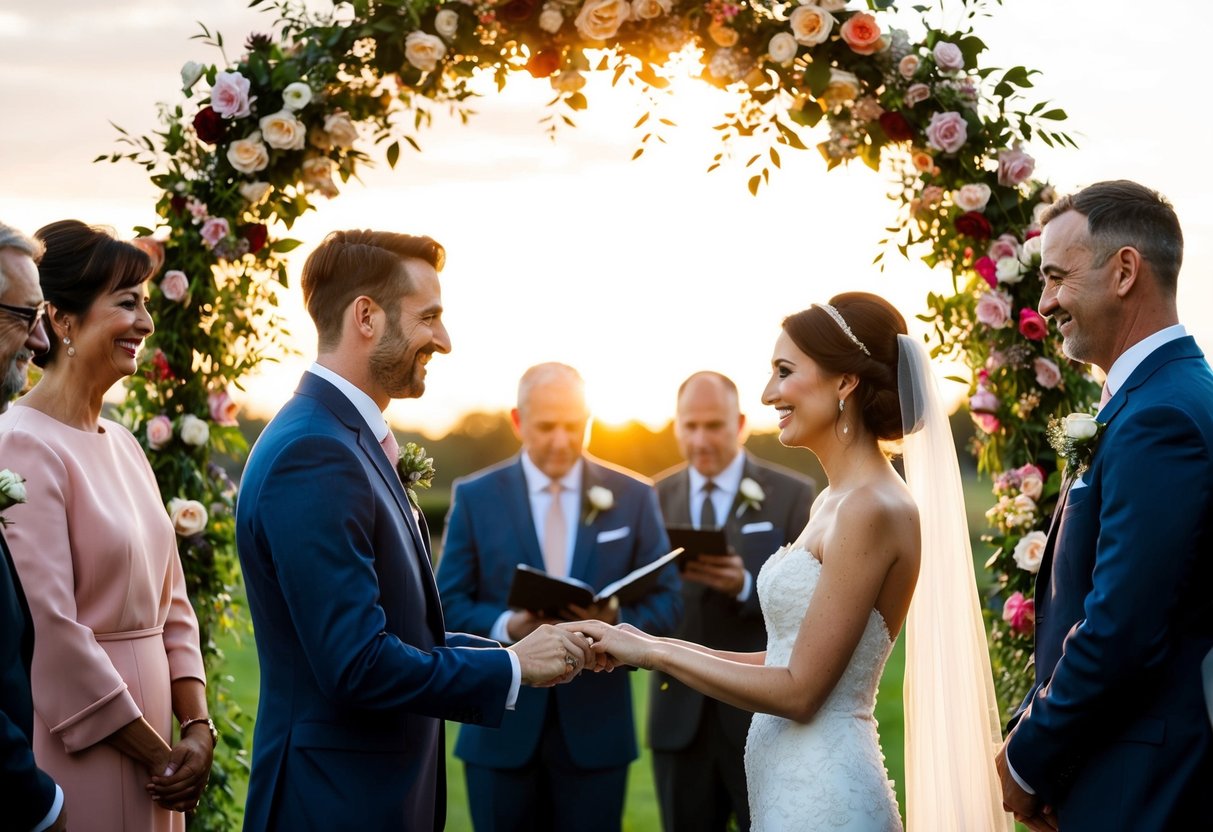 A bride and groom exchanging vows under a floral arch, surrounded by family and friends. The sun is setting, casting a warm glow over the scene