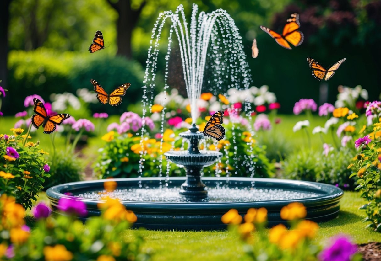 A lush garden with blooming flowers and butterflies fluttering around a sparkling fountain