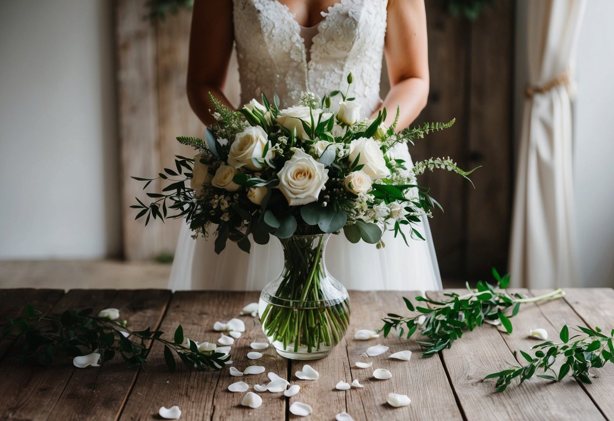 A bride places her wedding bouquet in a glass vase on a rustic wooden table, surrounded by scattered petals and greenery