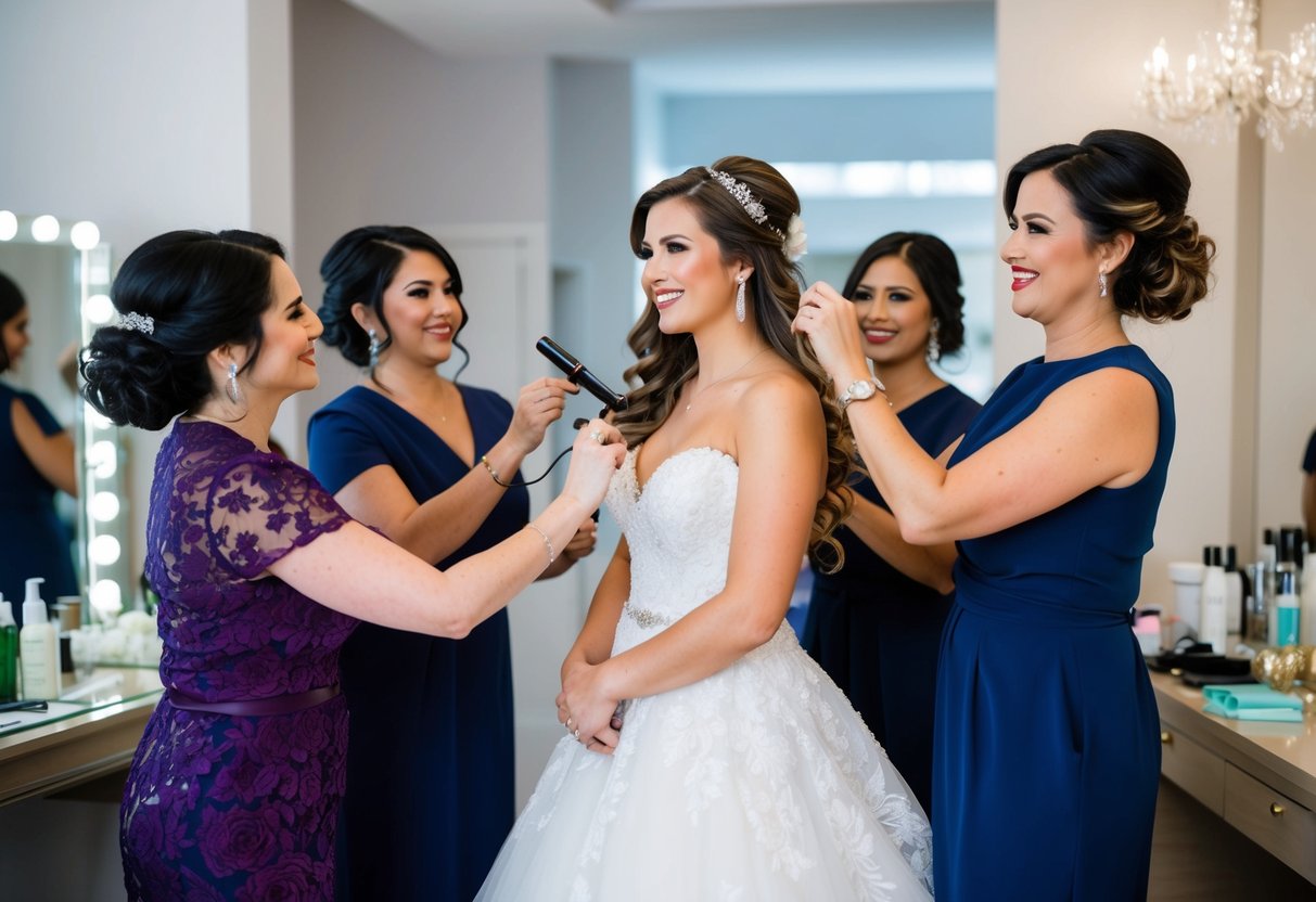 A bride surrounded by a team of stylists, having her hair and makeup done, while wearing a stunning wedding gown