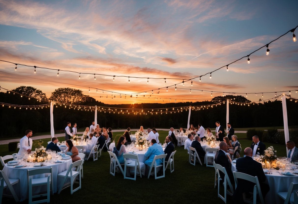 A sunset over a picturesque outdoor wedding venue, with tables adorned in white linens and twinkling lights, as guests begin to say their goodbyes