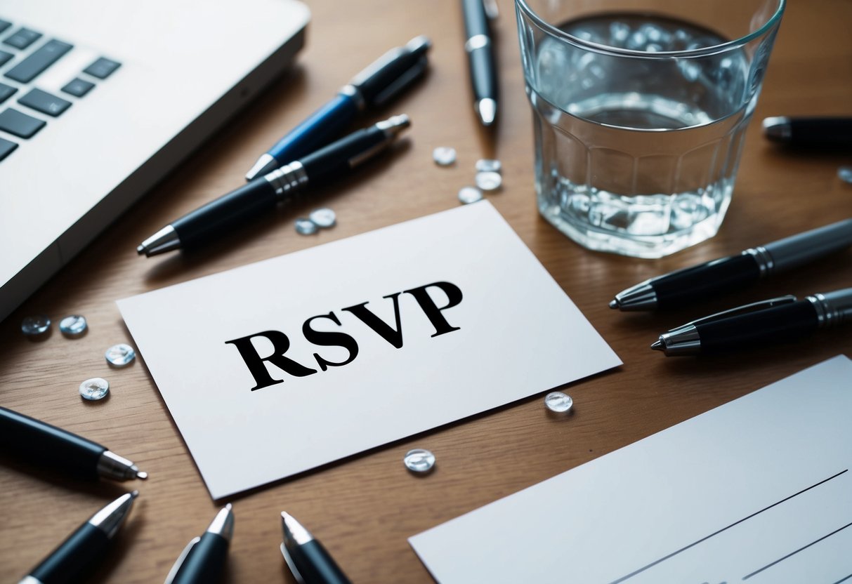 A blank RSVP card left untouched on a table, surrounded by scattered pens and a half-empty glass of water